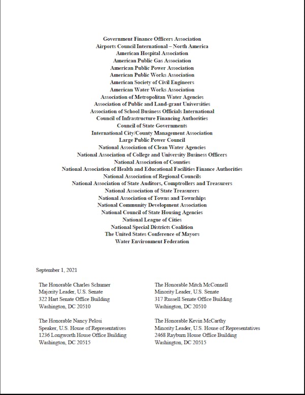 Public Finance Network Letter to Congress on Infrastructure Investment
