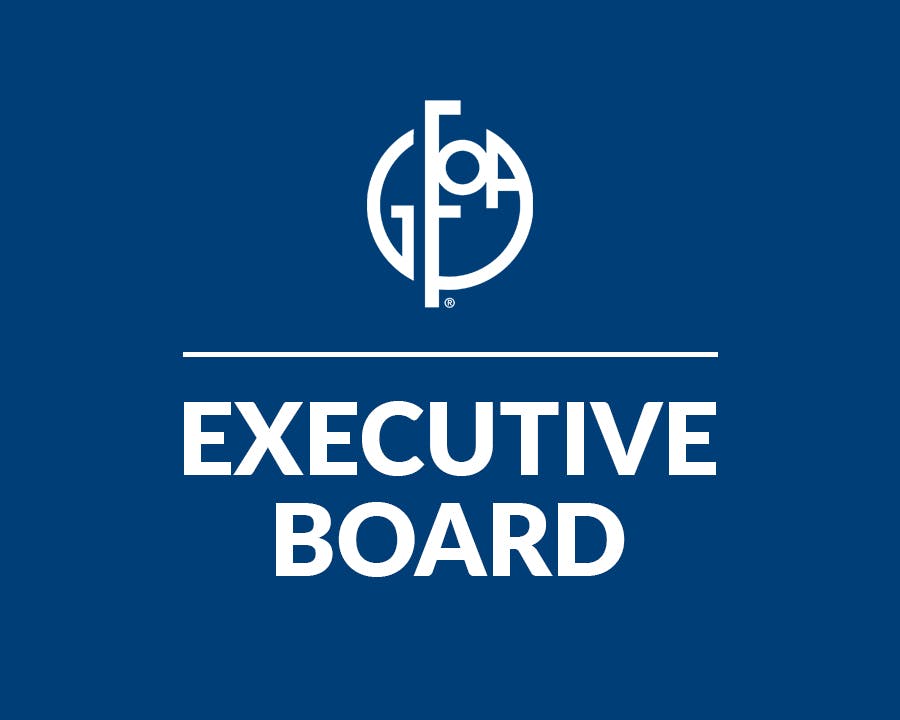 Blue background with words "Executive Board."