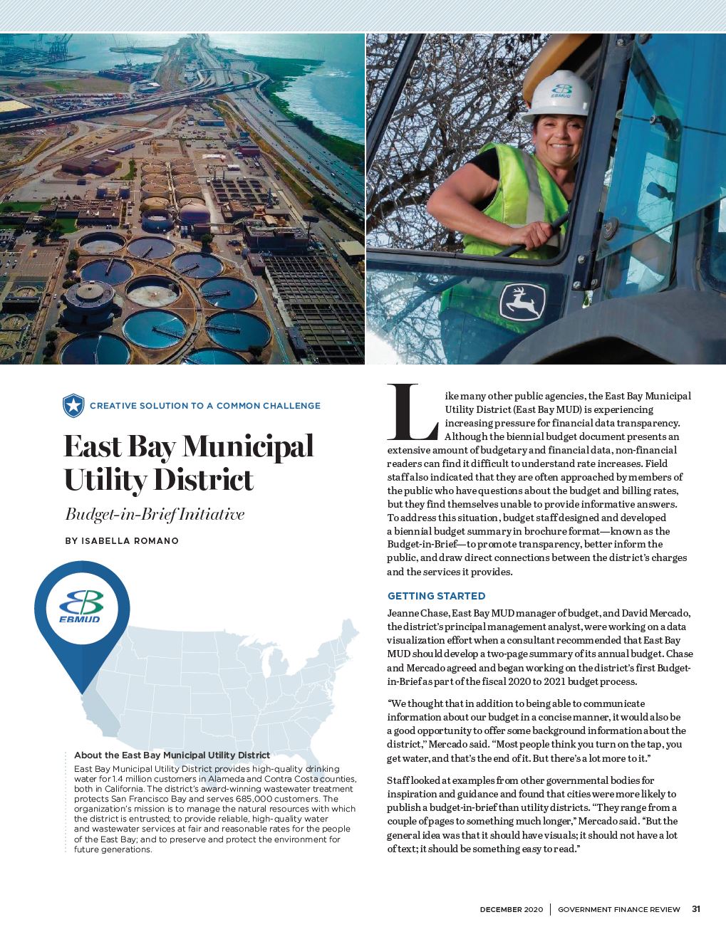 2020 Award for Excellence Winner East Bay Municipal Utility District