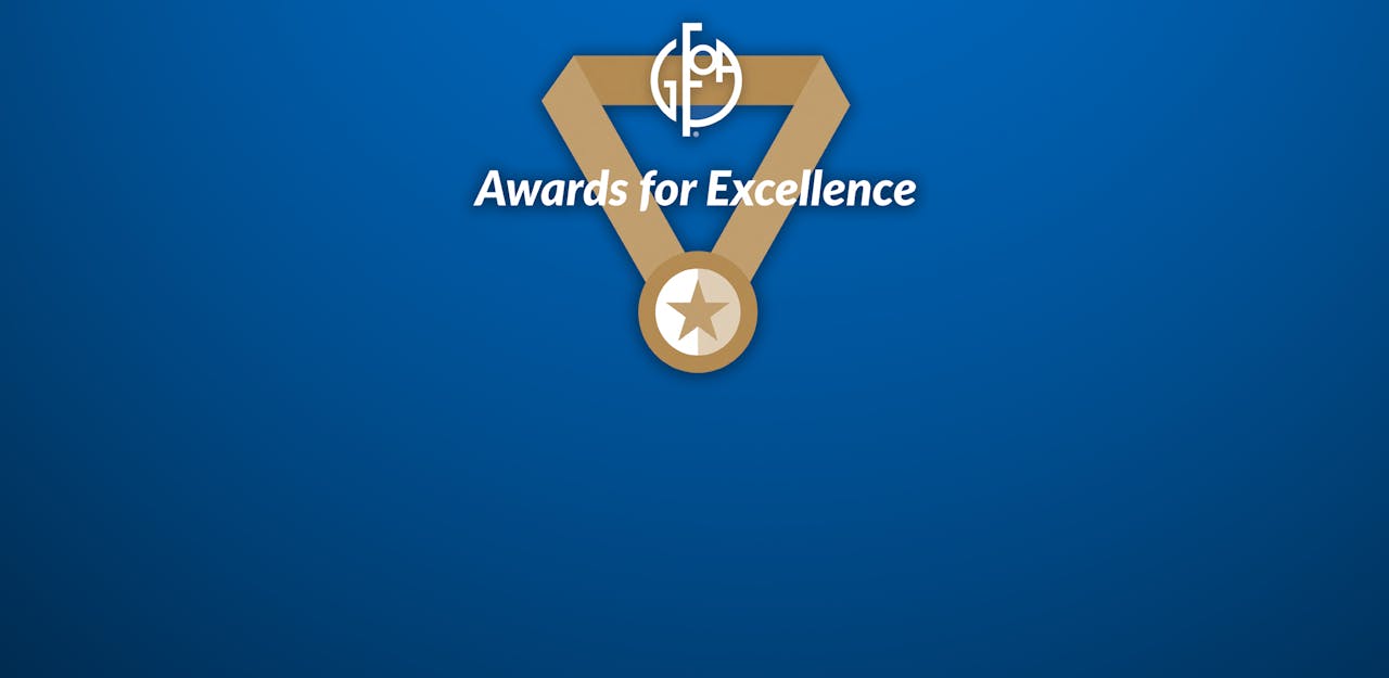 Blue background with Image of awards. 