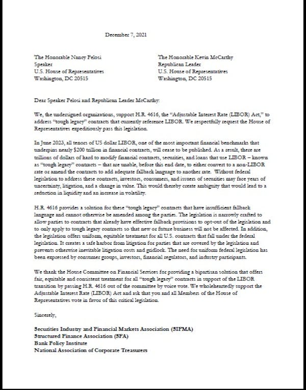 LIBOR Joint Trades Letter to Congress