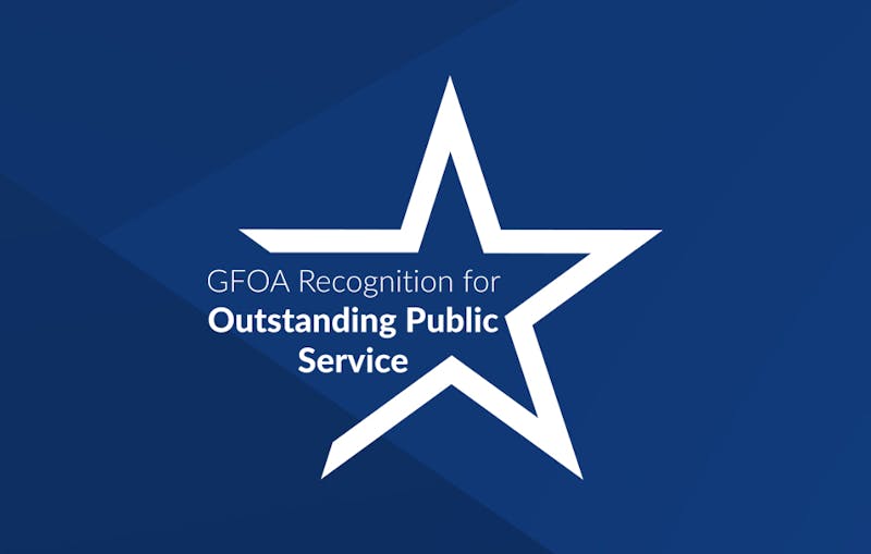 Blue background with words "GFOA Recognition for Outstanding Public Service."