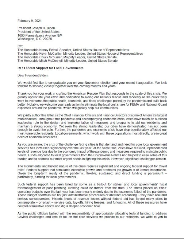 CFO Letter to Congress on Fiscal Aid