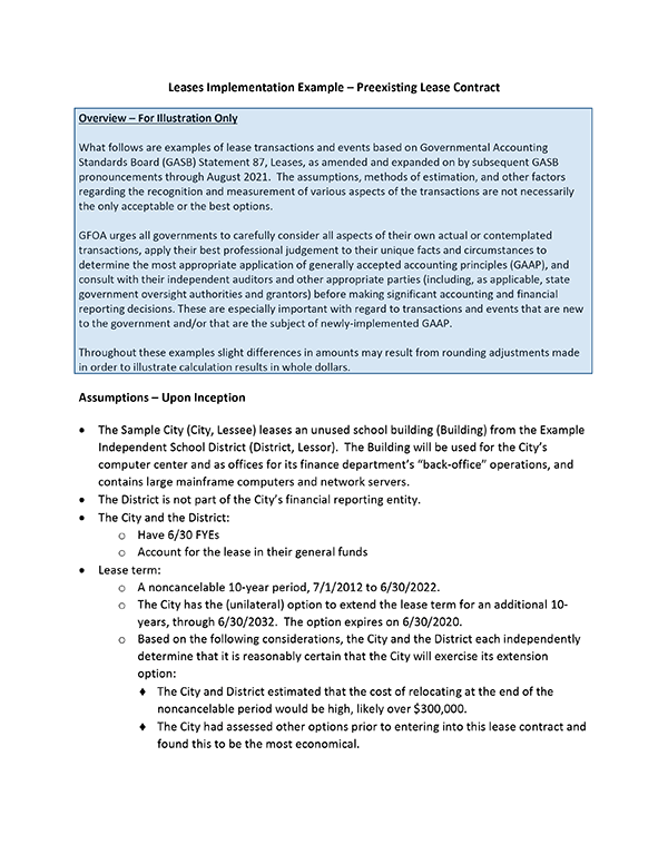 Leases Implementation Example – Preexisting Lease Contract