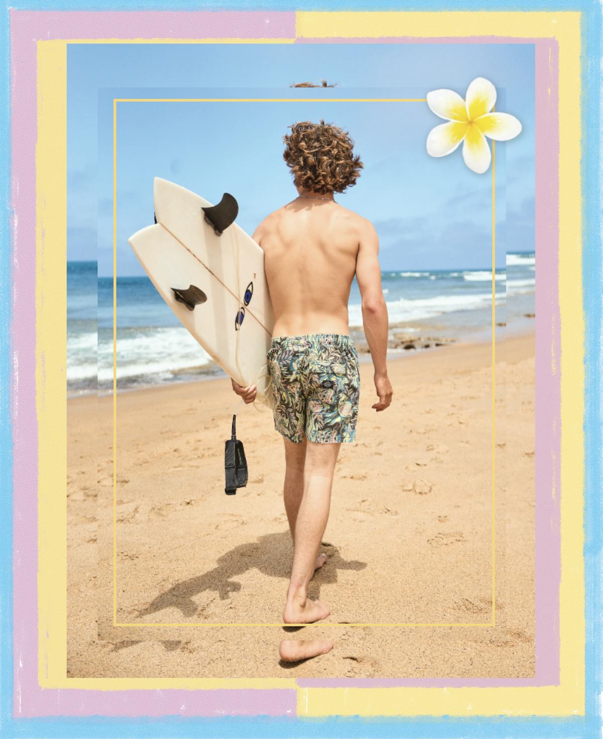 Teen boys with his surfboard at the beach wearing ghanda board shorts 