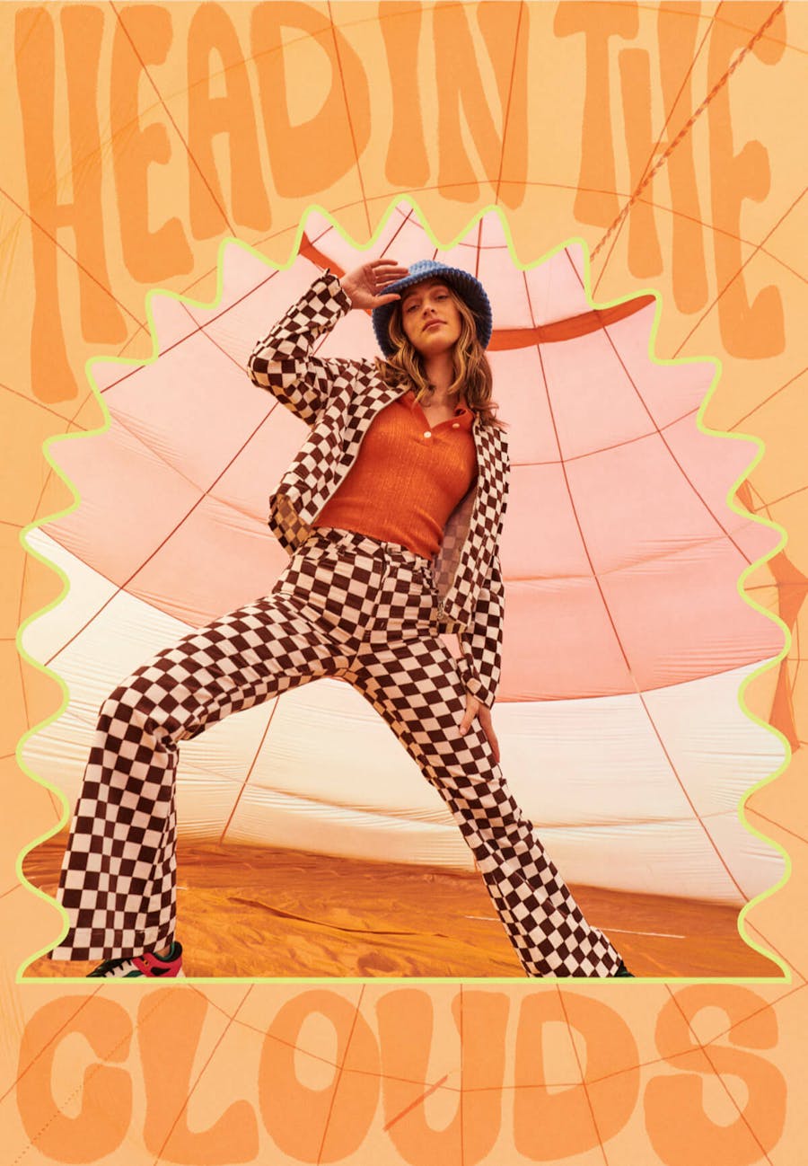Image of model wearing the Carly Cord Flares and Jacket inside a squiggly border, text reading 'head in the clouds' warps around the frame.