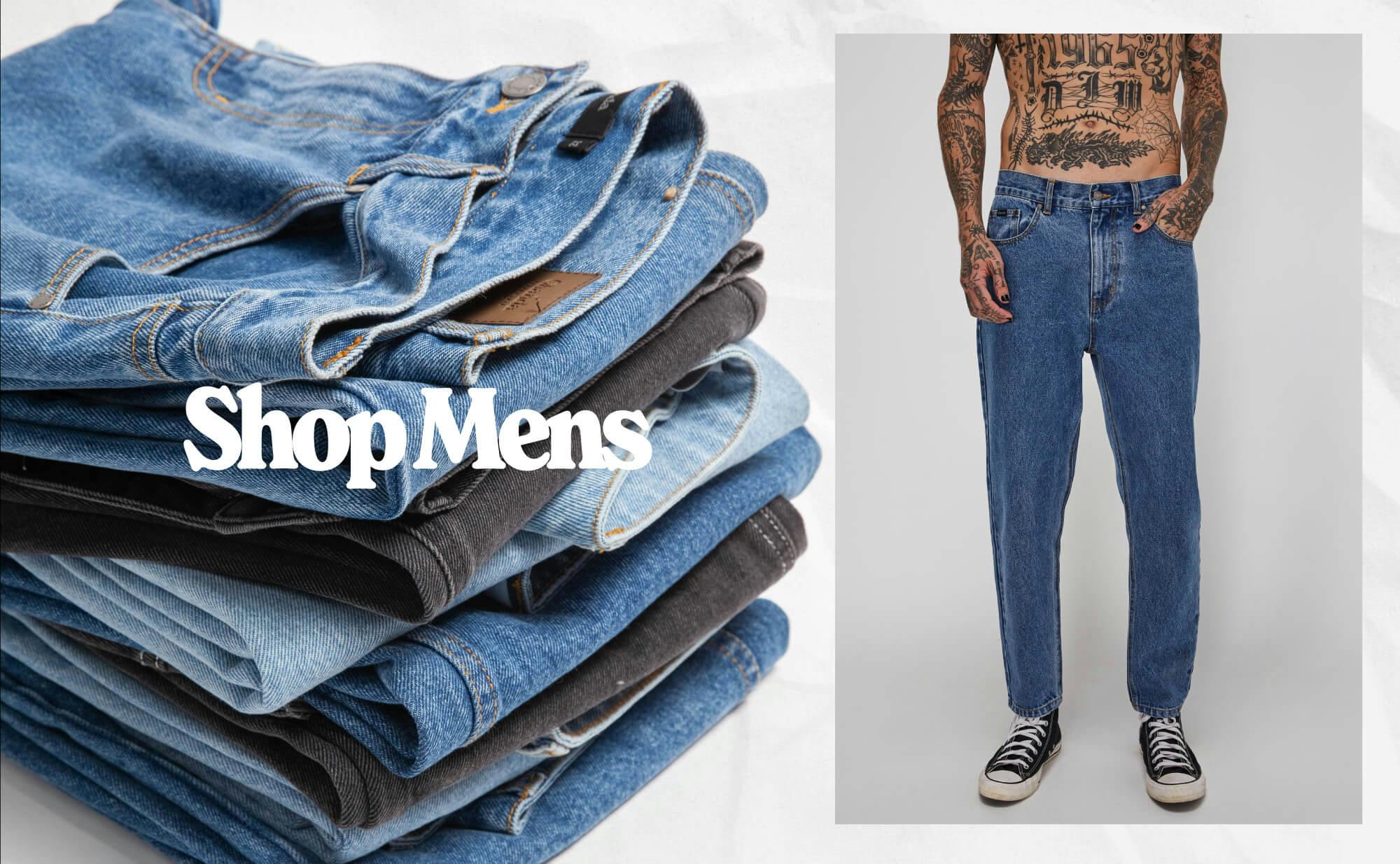 Banner of images. Text reads "Shop Mens". Image on the left is a stack of denim jeans, image on the right is an image of the Dogtown Jeans on a male model. 