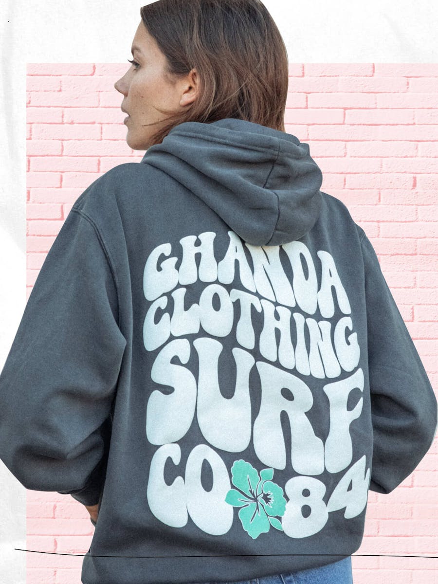 Collage layout of female model wearing the Vintage Hoodie featuring Ghanda Puff Print Design.
