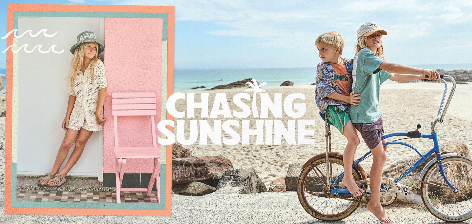 Chasing Sunshine, kids homepage, two boys riding a vintage blue bike at the beach, you girls wearing knitted set near pink wall.