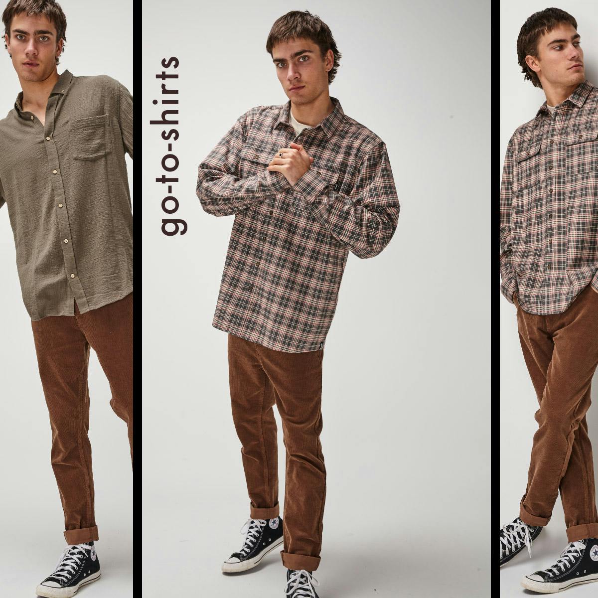 Three images of same model wearing check Shirt & brown Cord Pants. Go-to-shirts text overlay.