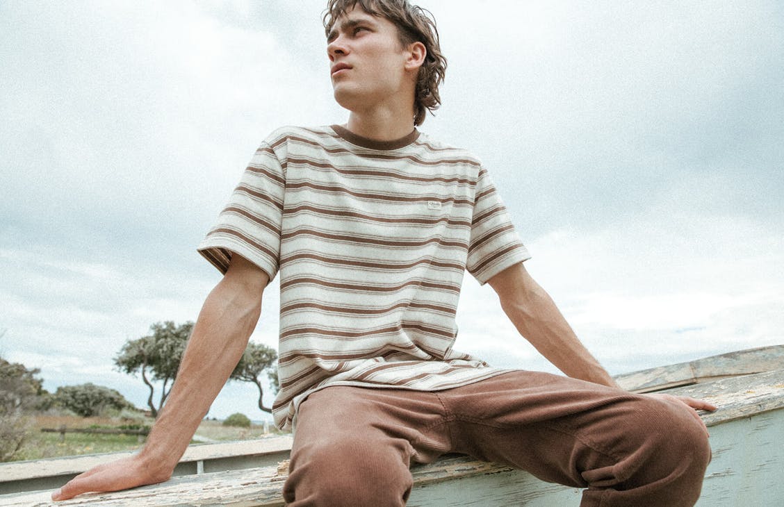 Male model wearing the Byron Shirt in Winkipop stripe