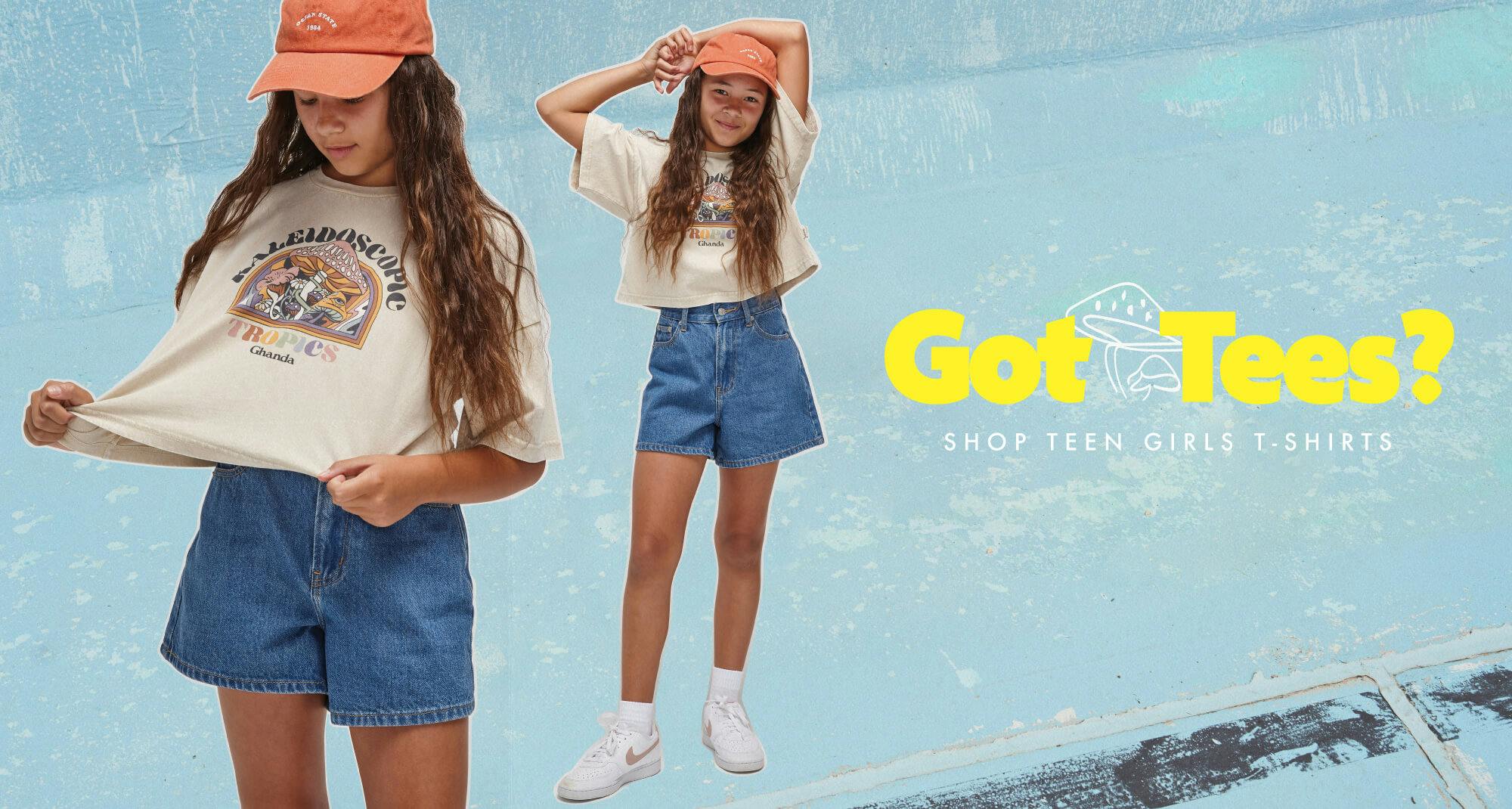 Blue pool background with bright yellow text on the right saying "got tees?. Shop teen girls t-shirts". Not the left is two images of a teen girl wearing denim shorts and a graphic t-shirt with an orange cap. 