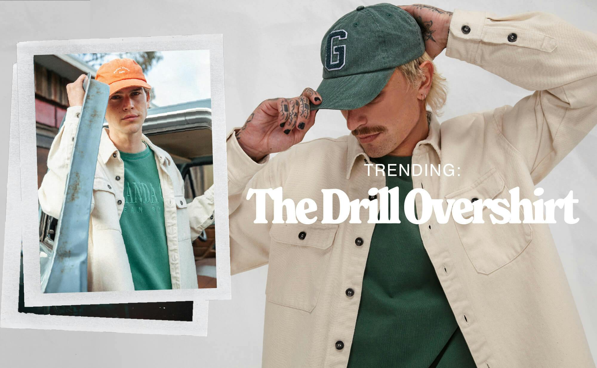 Banner features image of male model wearing the Drill Overshirt