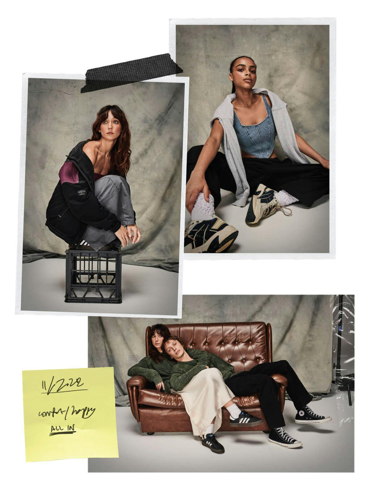 Collage layout of images. Top right image is in a white frame and wears black track pants, a denim corset with a grey crew over her shoulders. Image top left in a white frame is model squatting on a black milk crate, she is wearing a grey maxi cargo skirt and a black spray jacket with purple panel. Landscape image at the bottom features a male and female model lounged on a brown leather couch, they are both wearing the same green knit, the female with a slip dress and the male with black jeans. A yellow post it note with hand written text overlaps the image
