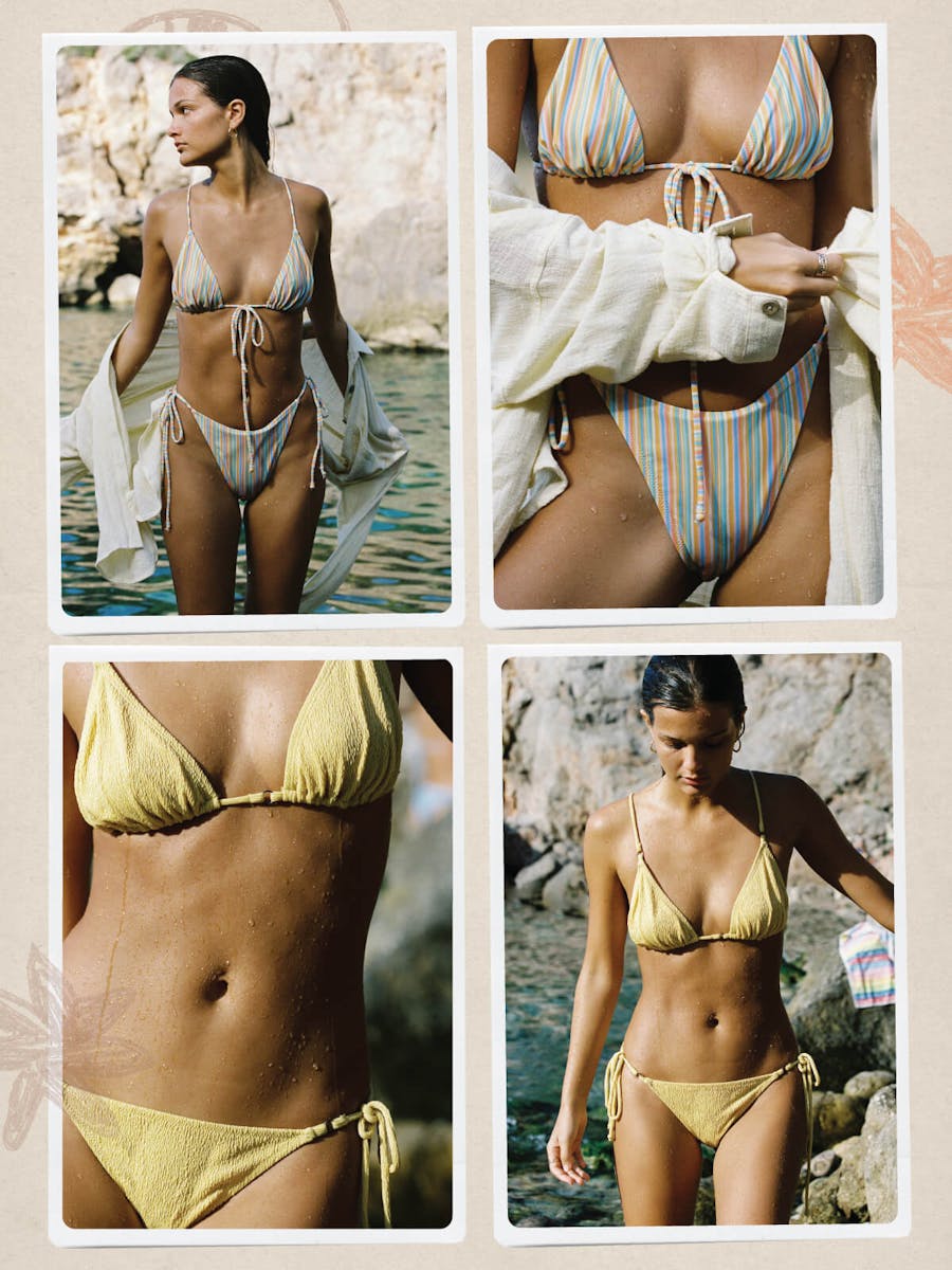 4 grid image in white frames. the top two images feature model wearing a striped triangle bikini with a yellow shirt, and the bottom two images feature the same model wearing a yellow triangle bikini