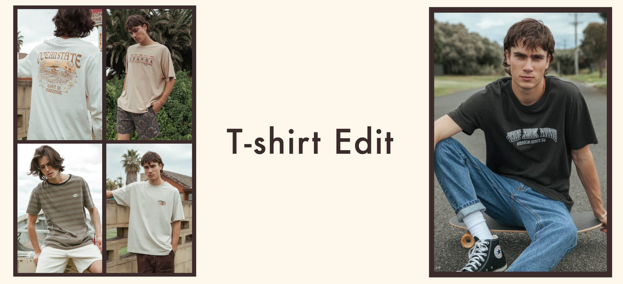 Four images framed by brown box. Top left male model wears white long sleeve tee. Top right male model wears jam shorts and beige tee with fishing embroidery. Bottom left male model wears stripe brown tee. Bottom right male model wears neutral T-Shirt. T-shirt Edit text in middle. Right, large image male model wears black T-Shirt with a graphic print and denim blue jeans.