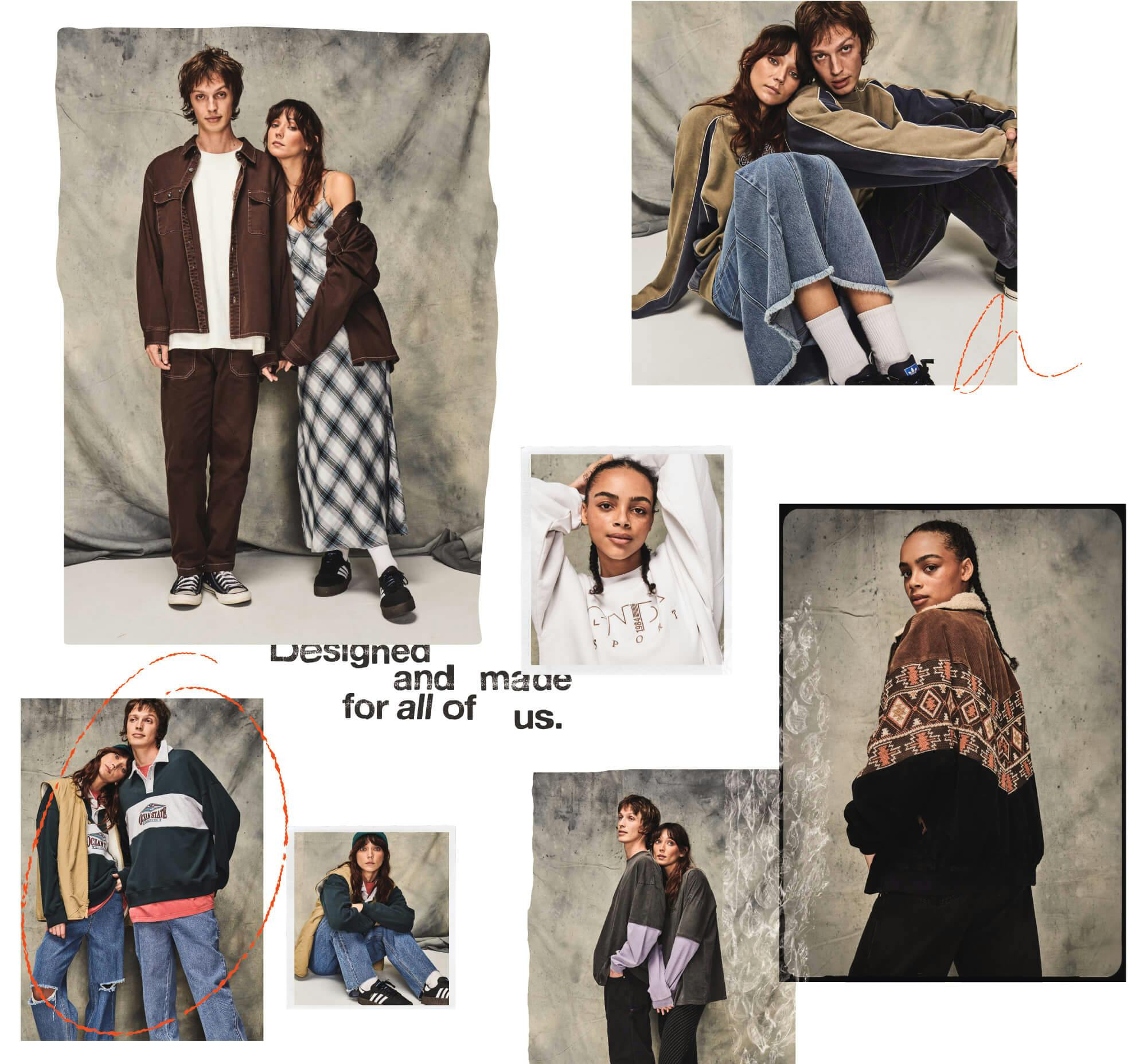 Collage layout of different images all taken on a light denim background. Main image (top left) features a male and female model wearing the same brown jacket, the female wears a check maxi dress with it while he wears the matching brown pants. Top right image features two models wearing a vintage panel crew, the female wears it with a denim skirt and he is wearing black jeans. Centre image, small and in a white square frame, female model is wearing a white crew with GNDA embroidery. Bottom right image, female model faces away from camera showing the back detailing of an black and brown aztec inspired jacket. This image overlaps the edge of another image of a female and male model wearing a layered long sleeve, grey tee with purple sleeves. Bottom left image is female and male wearing a panelled rugby crew with denim jeans. Text underlapping the main image reads "designed and made for all of us"