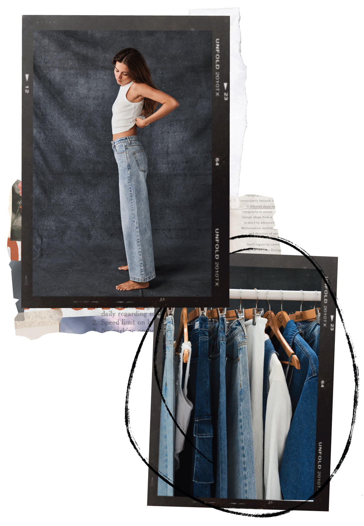 Collage layout. Top left image sits in a film frame of model wearing white tank and light denim jeans, image GIFs of model wearing the same thing in different poses. Bottom right image is an image of a rack with denim clothes on it. 