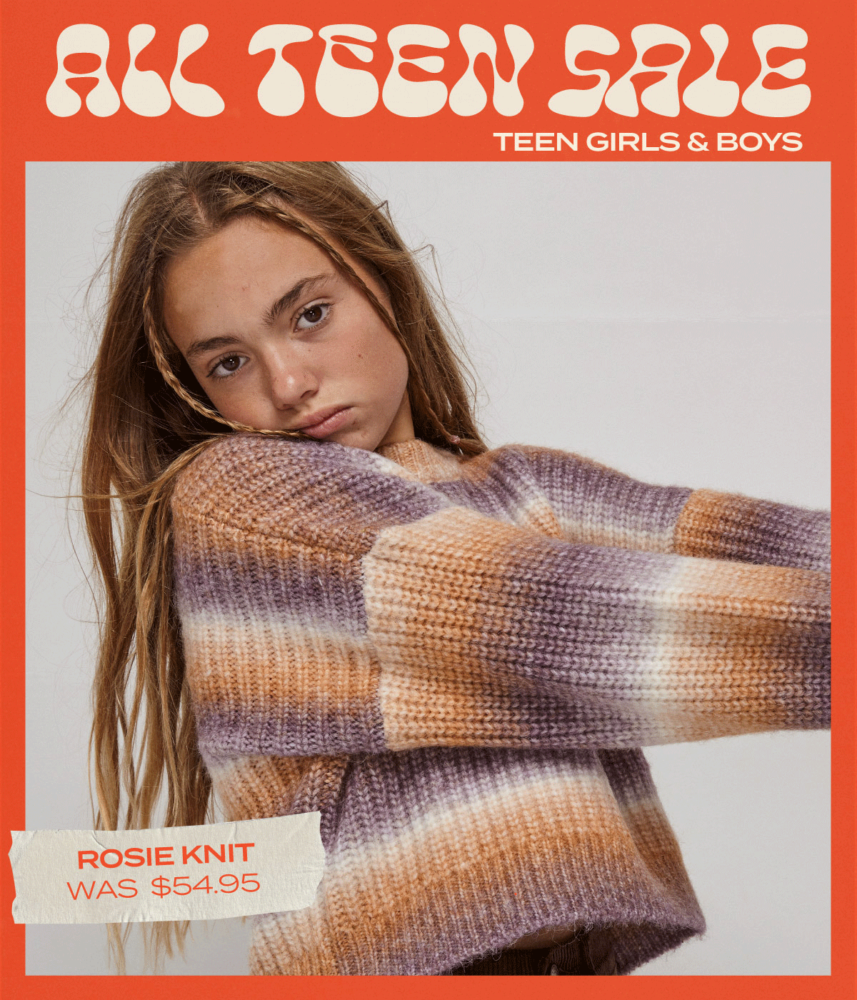 Image with red border, text at the top 'All Teen Sale'. Image features teen girl wearing the Rosie knit