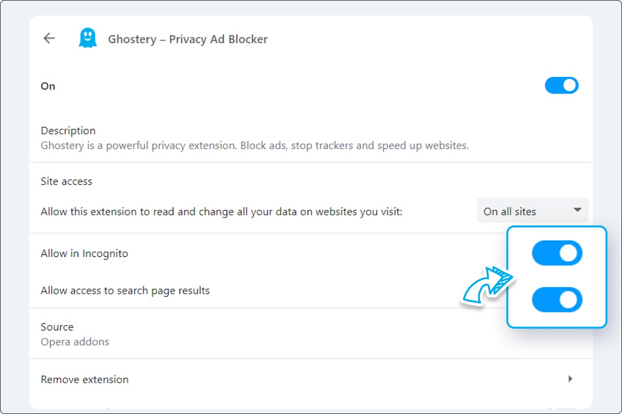 Opera Browser settings - screen displays where to allow Ghostery access to search page results