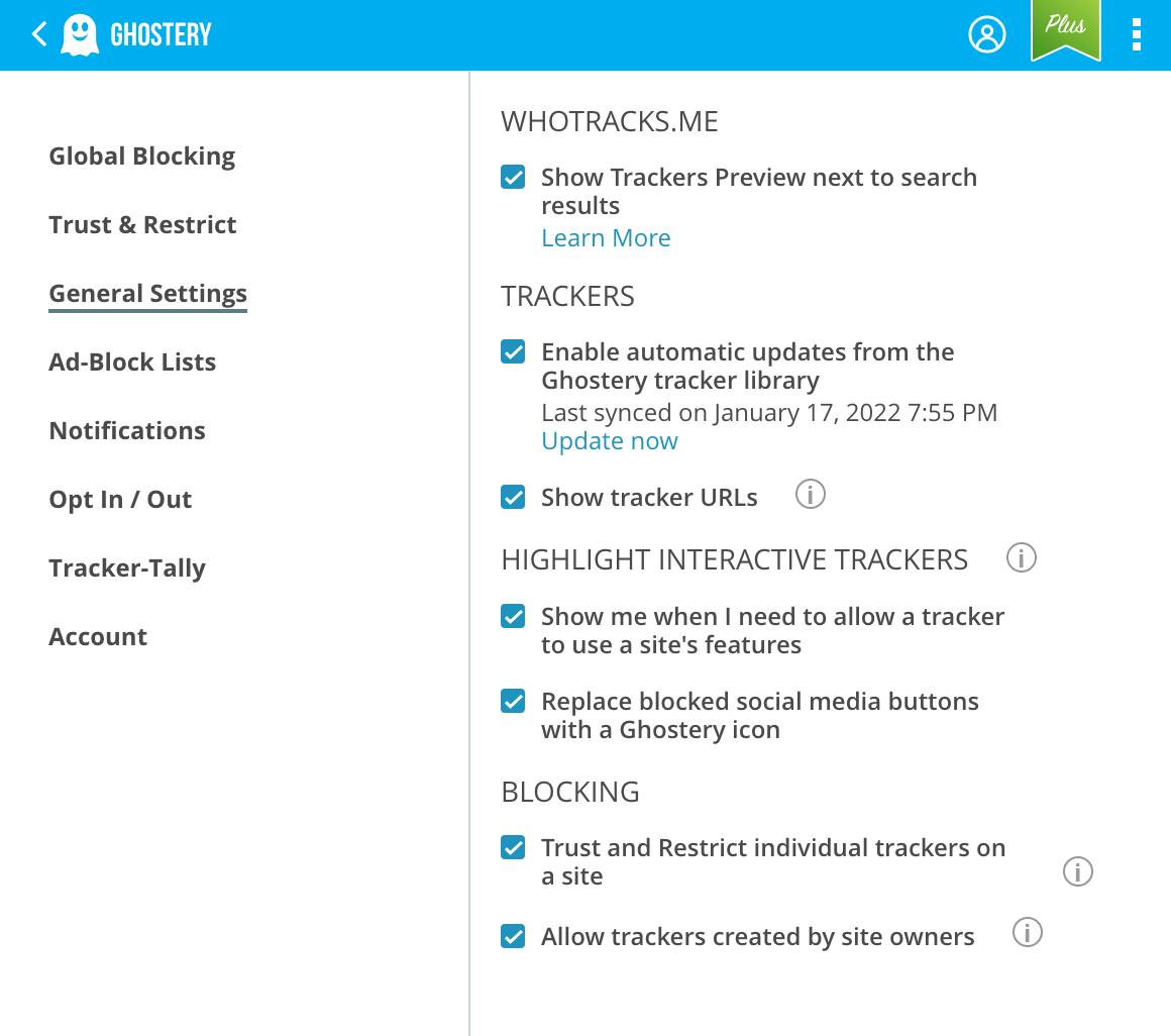 Settings for Trackers Preview