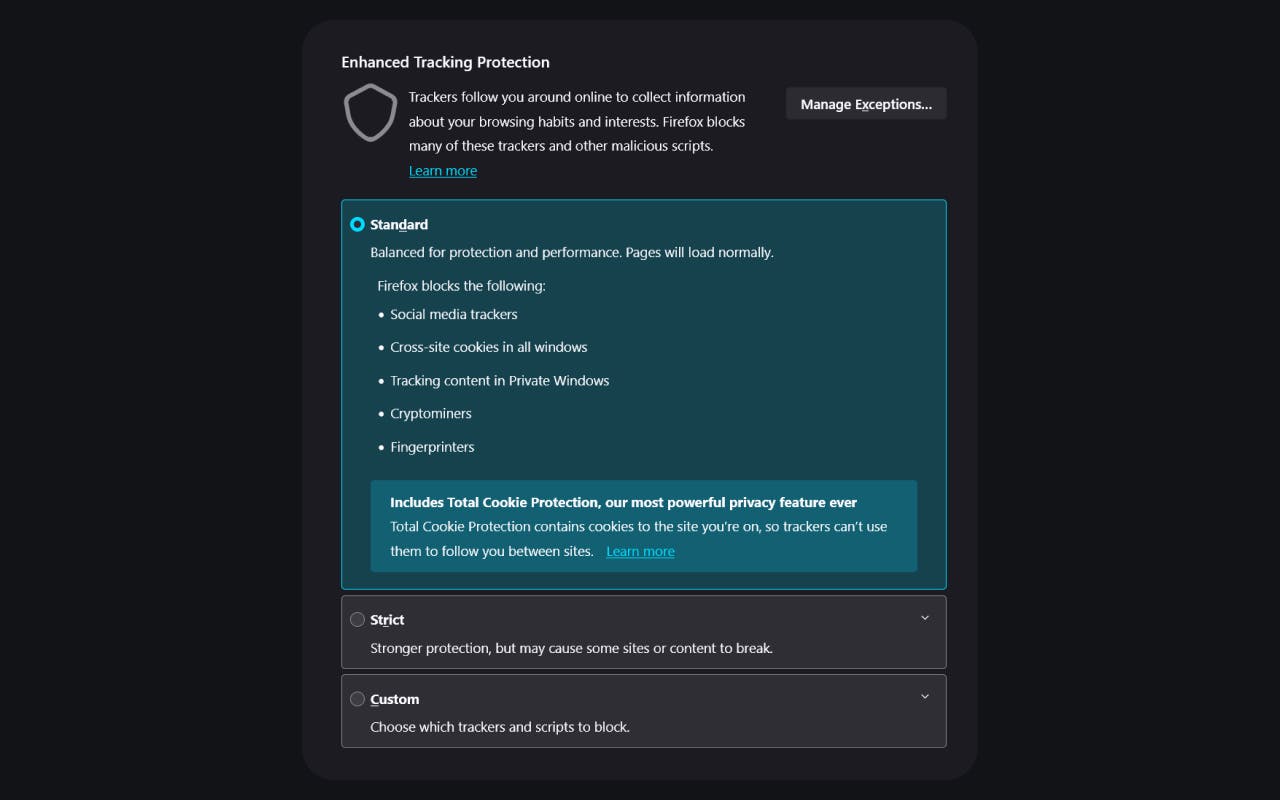 Screenshot of Firefox ETP settings.