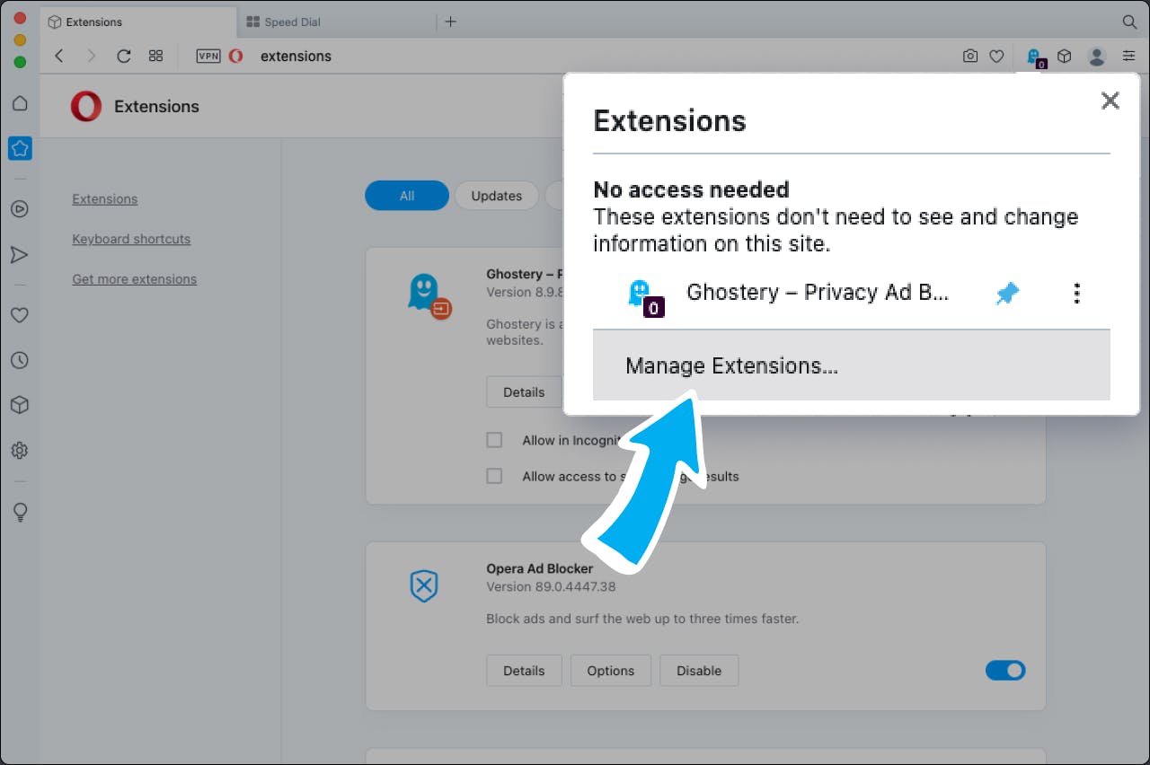 Opera extensions tab with 