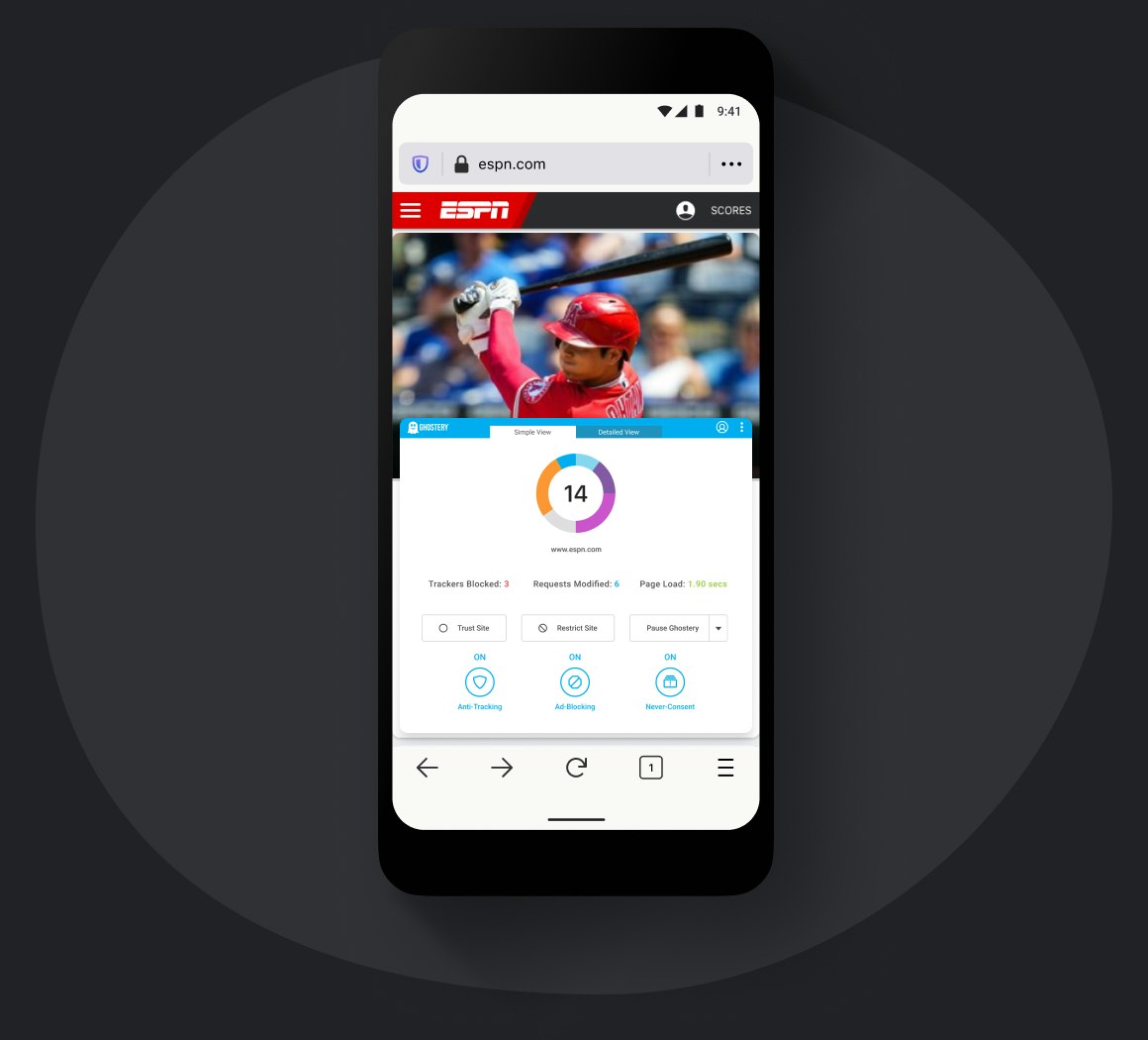 Ghostery Tracker & Ad Blocker panel for Firefox mobile displaying tracker data on visited website