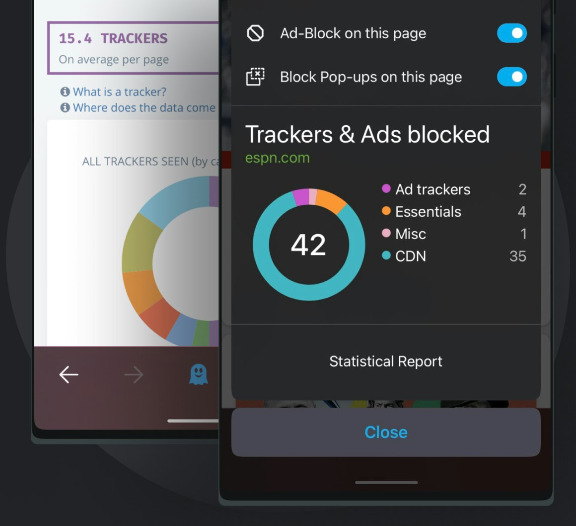Android view of Ghostery Private Browser with open Tracker and Ad Blocker settings and website information