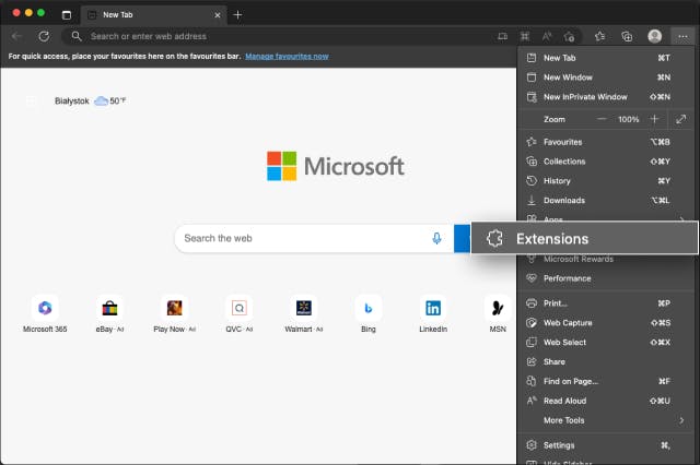 Microsoft Edge open window with ‘Extensions’ selected