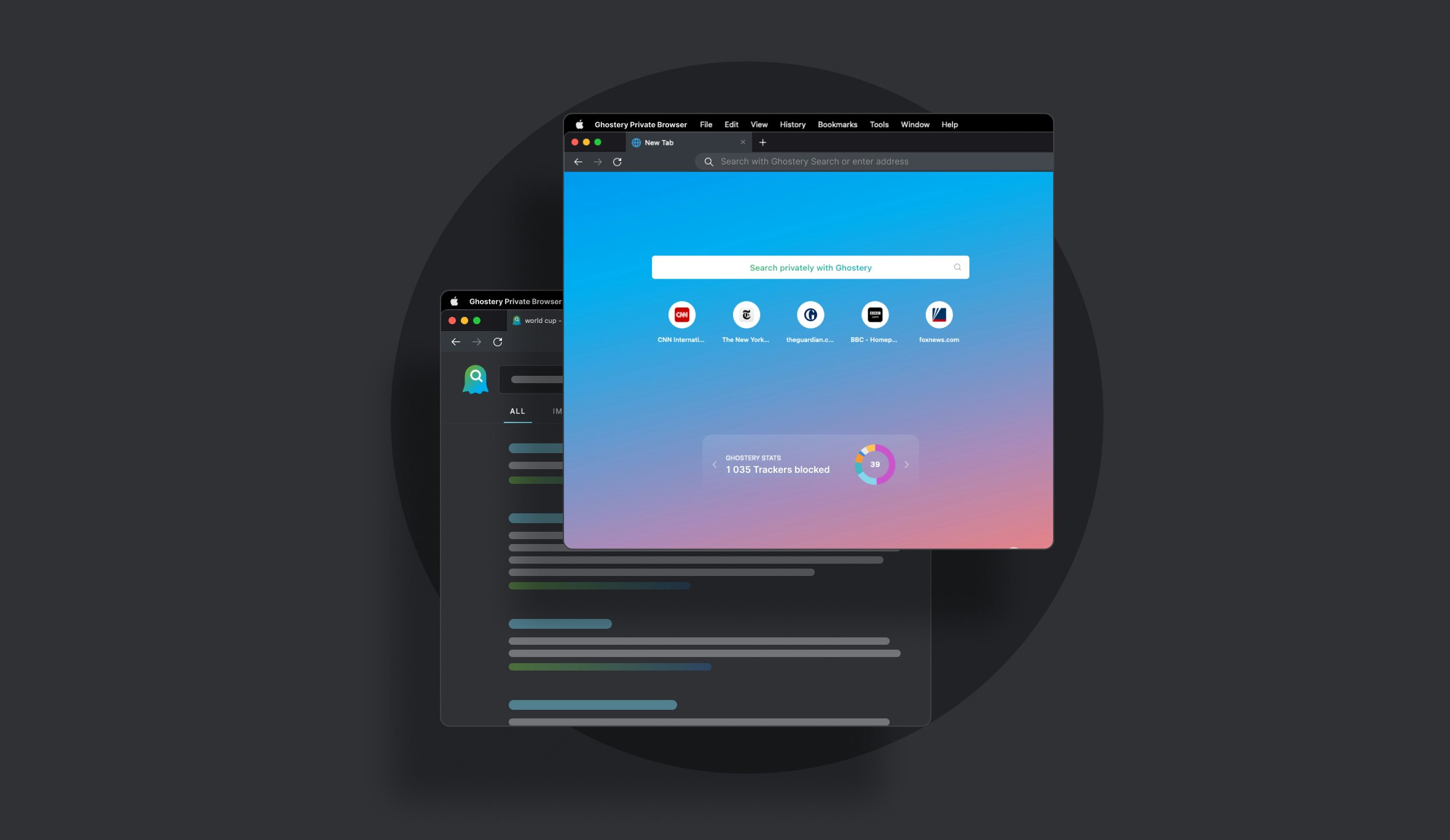 Forefront image displays New Tab view of Ghostery Private Browser, background image shows sketched Ghostery Private Search - Desktop view