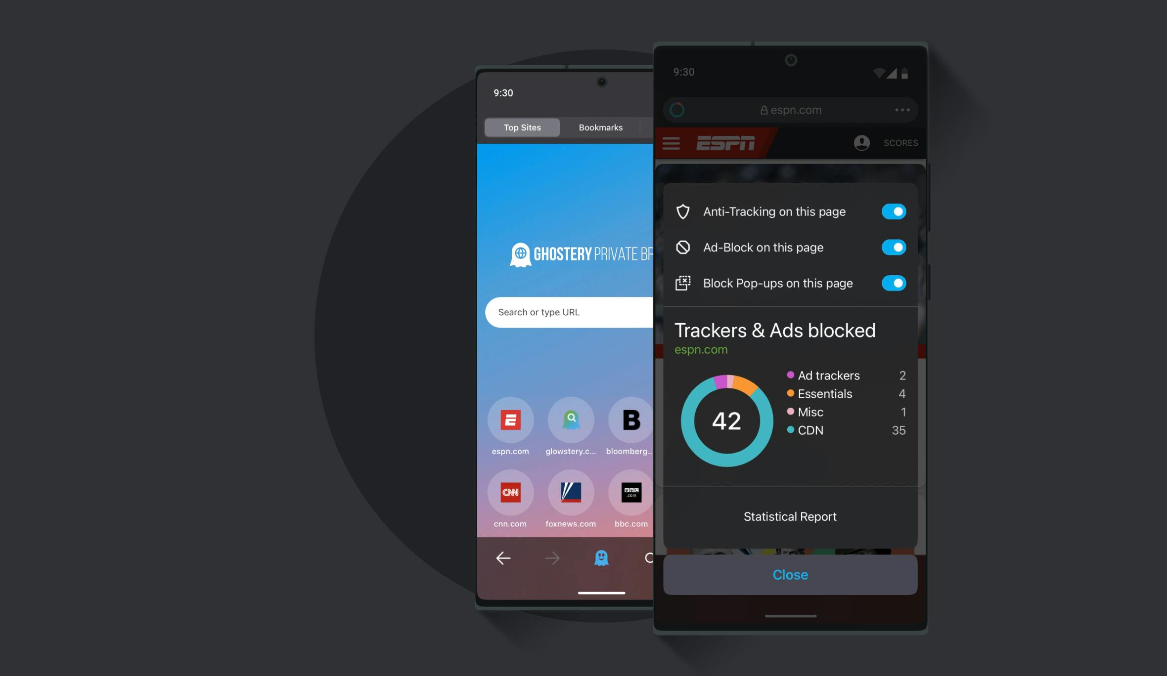 Ghostery Private Browser displayed with open settings on Android device