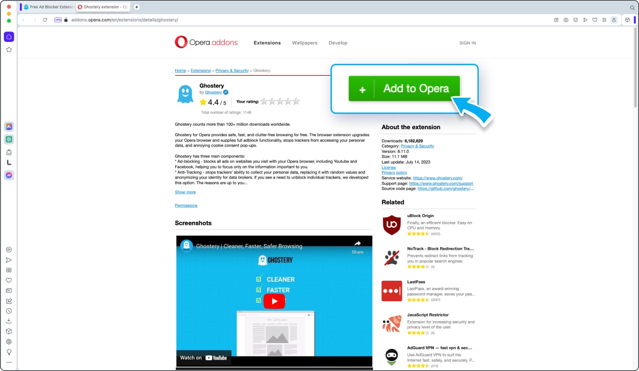 Shows Ghostery extension on Opera addons page.