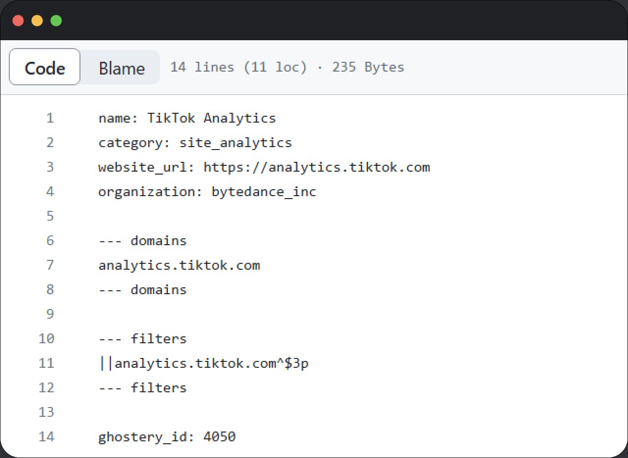 A screenshot of TikTok Analytics entry in TrackerDB.
