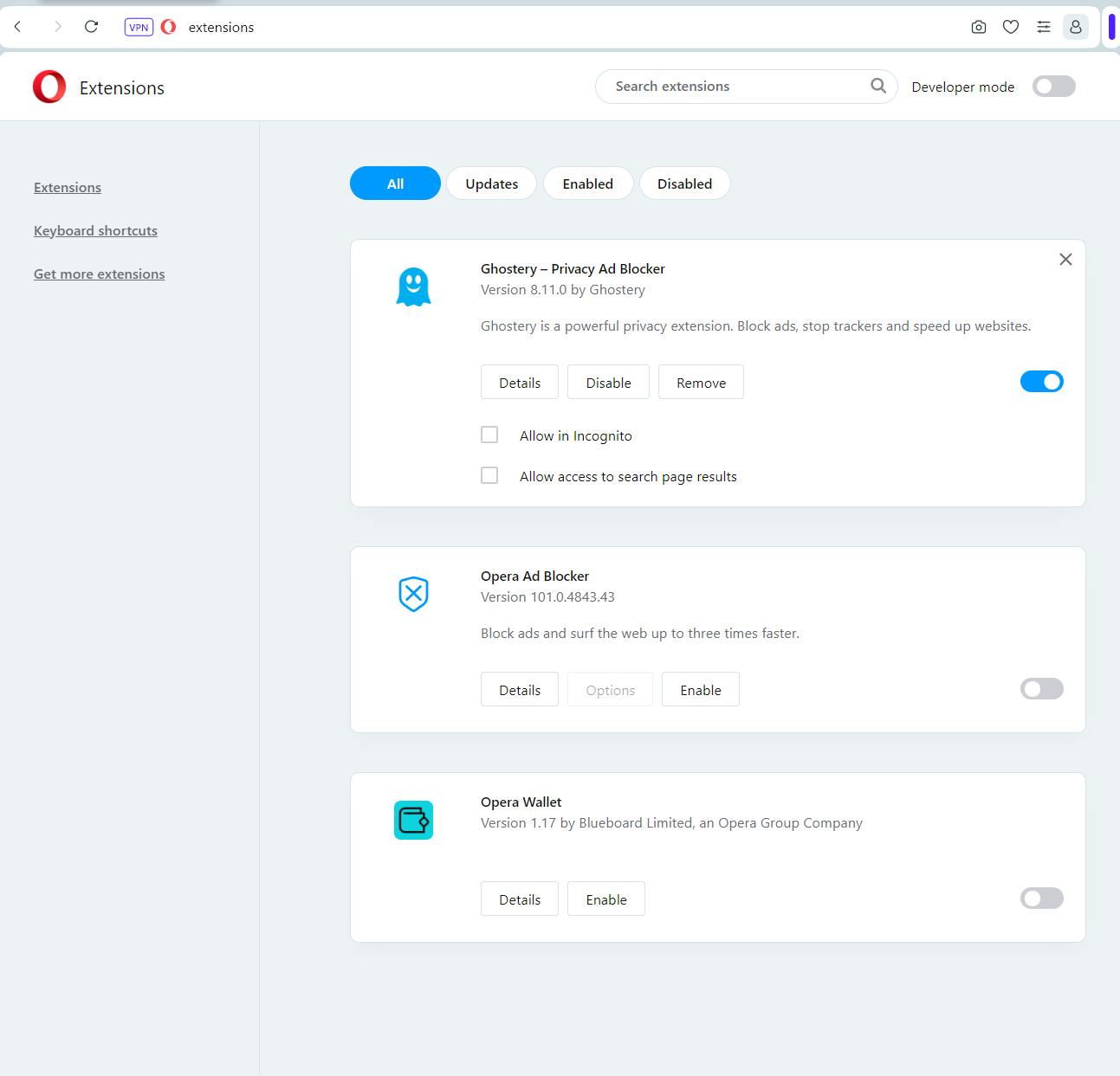 Shows the extensions page in Opera.