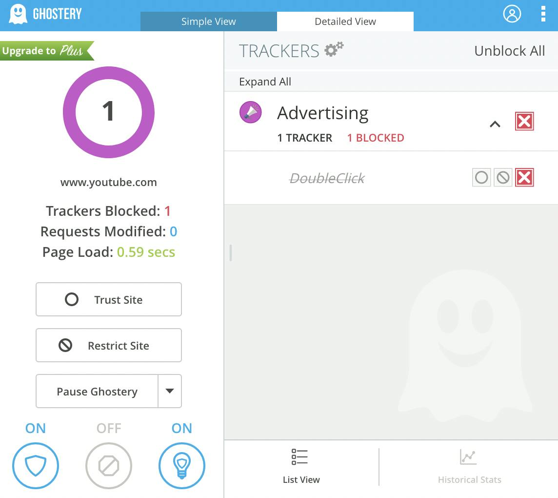 Ghostery Settings Ad-Blocking OFF - Detailed View