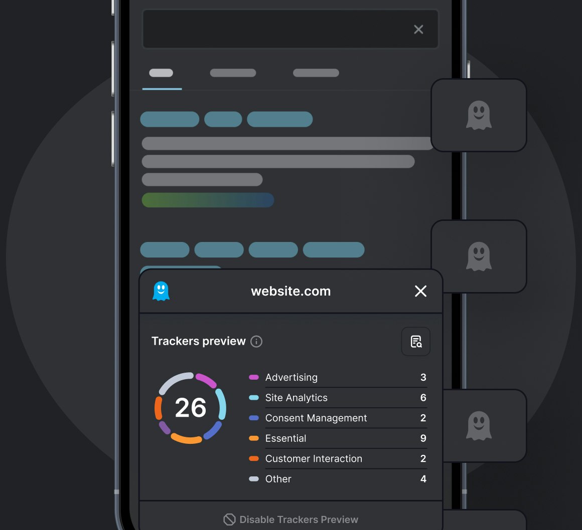 Sketched search engine result page within Ghostery Private Browser showing tracker information expecting you on the page to be visited - iOS view