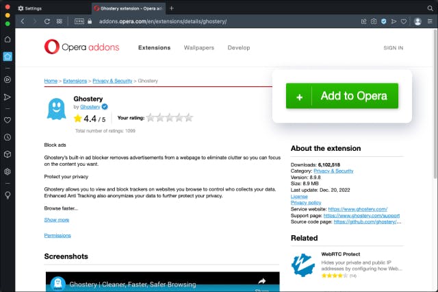 Opera Browser Window displaying Opera addons store with Ghostery Ad Blocker Browser Extension in view