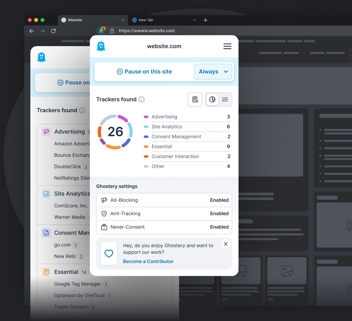 Desktop view of Ghostery Private Browser with open Tracker and Ad Blocker settings and visited website information