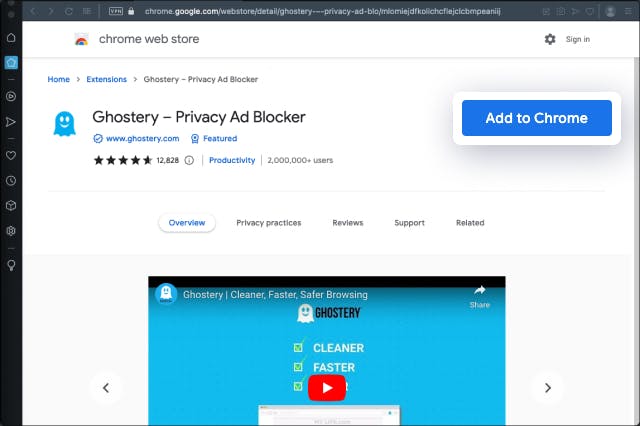 Browser window displaying chrome web store with Ghostery Privacy Ad Blocker Extension in view. Button 