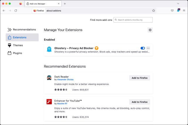 Firefox about: add-ons displays installed and recommended extensions