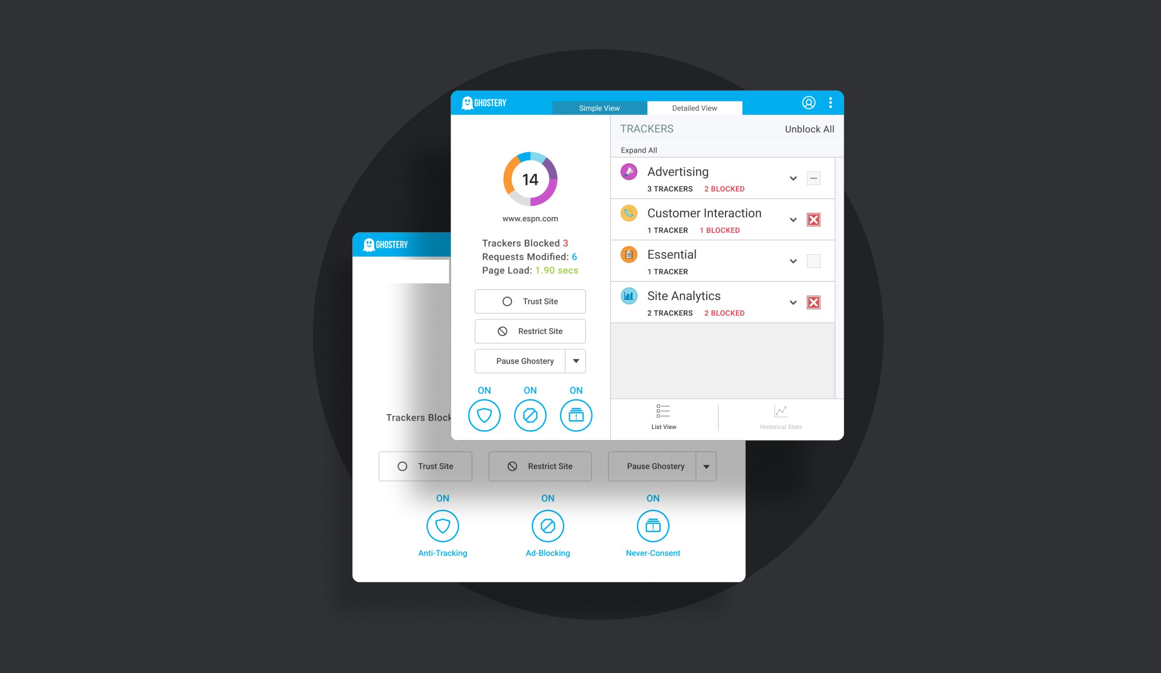 Ghostery Tracker & Ad Blocker panel displaying simple and detailed settings view