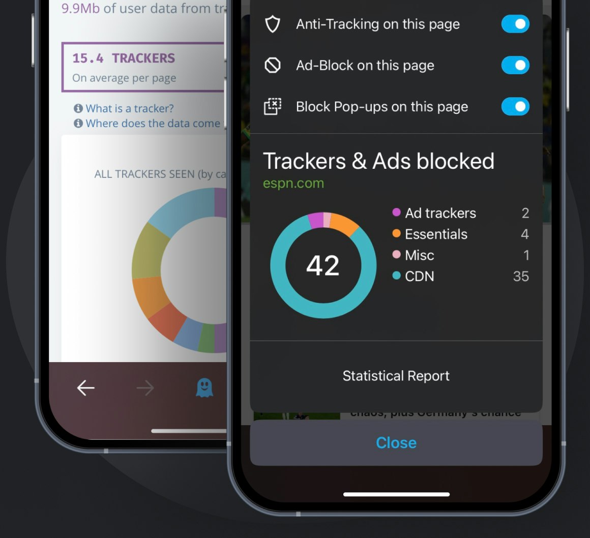 iOS view of Ghostery Private Browser with open Tracker and Ad Blocker settings and visited website information