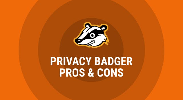Privacy Badger logo background with circles in different shades of orange showing text pros and cons