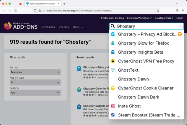 Mozilla add-ons store with Ghostery in search bar 