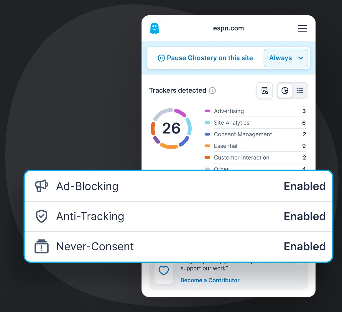 Ghostery Tracker & Ad Blocker panel simple view displaying Ghostery Privacy building blocks