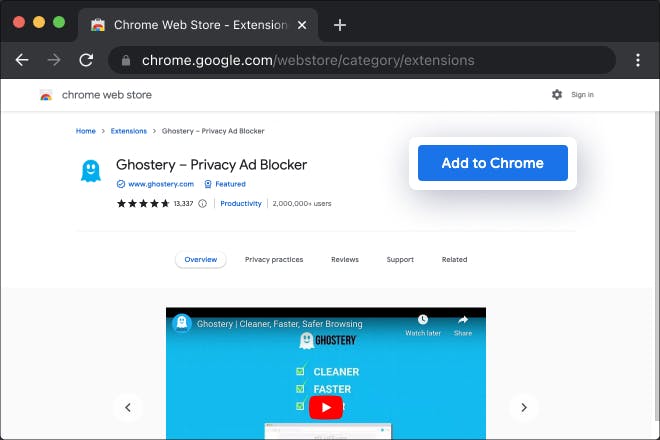 Chrome Web Extensions Store in Chrome Browser with Ghostery Browser Extension page open, Button 