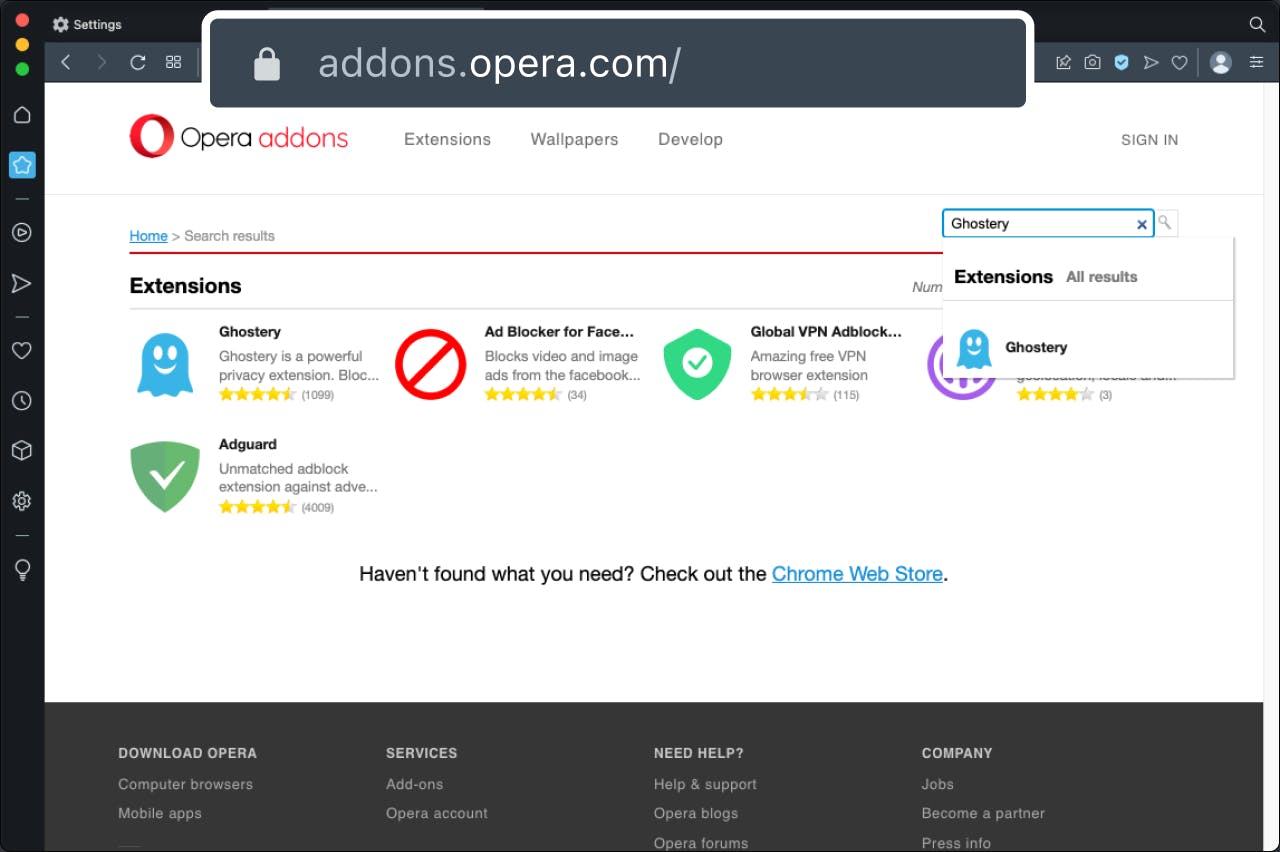 Opera Browser Window displaying Opera Addons store