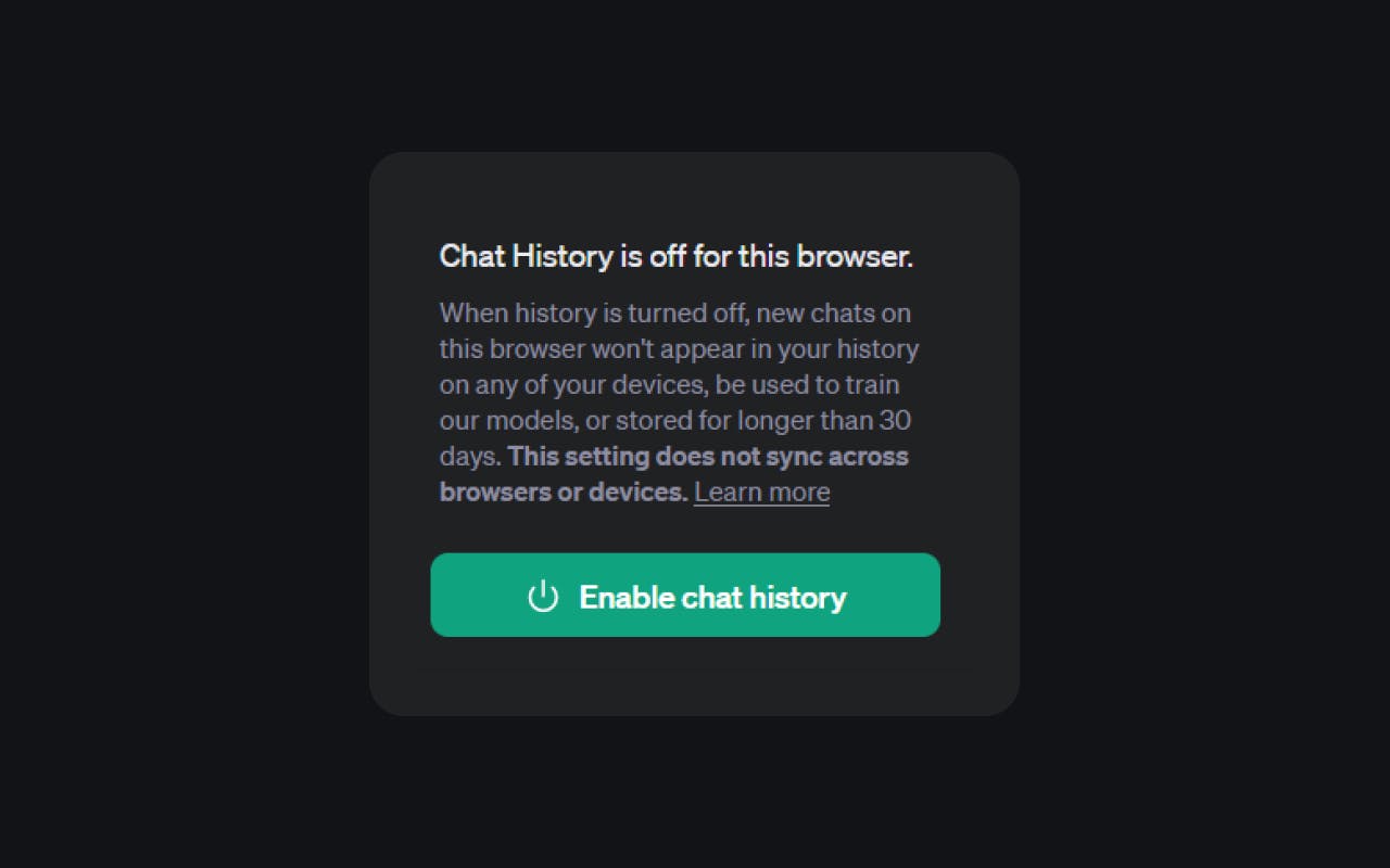 Screenshot of Chat History is off