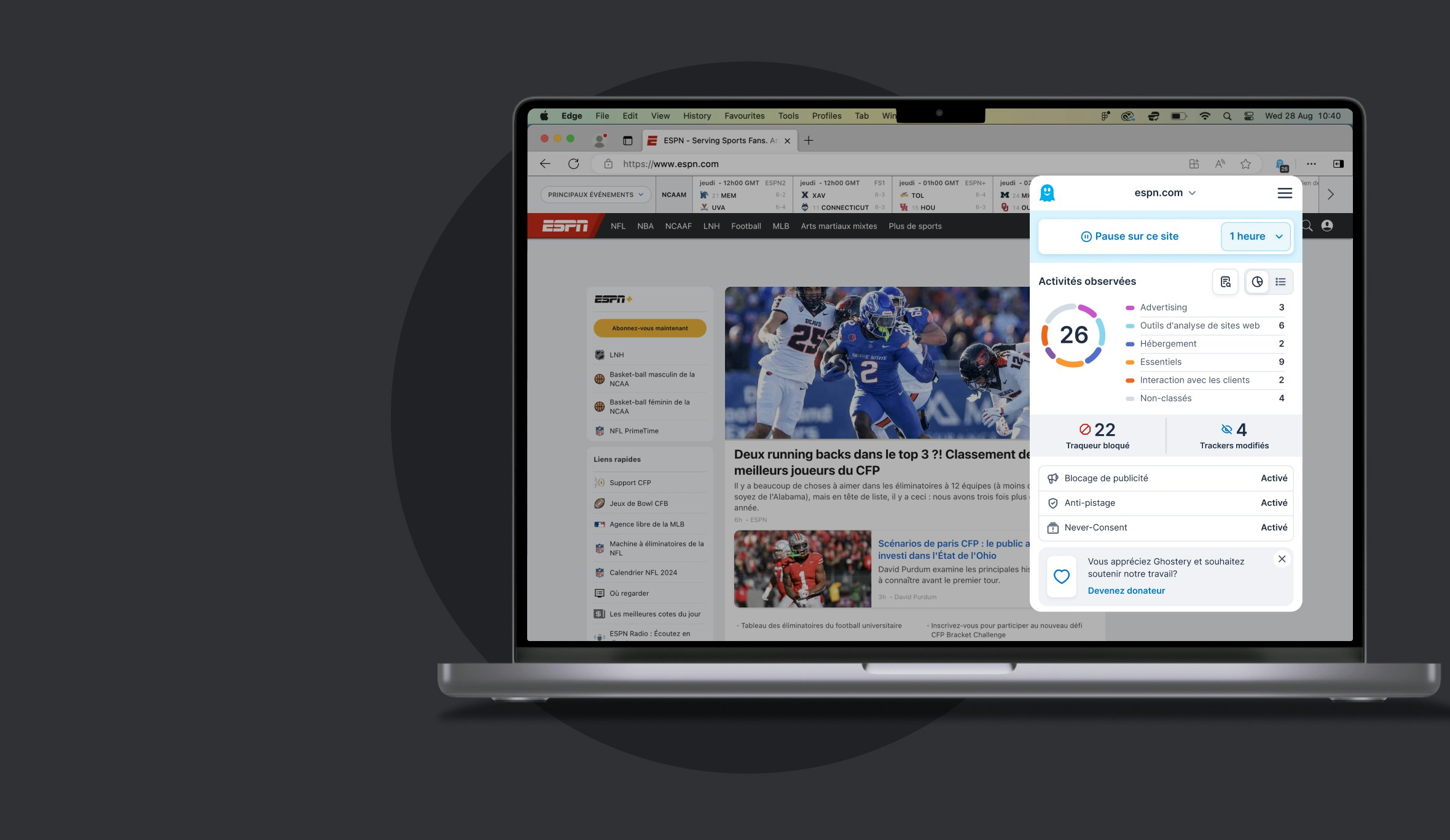 Ghostery installé dans Edge affichant le panneau des paramètres Ghostery